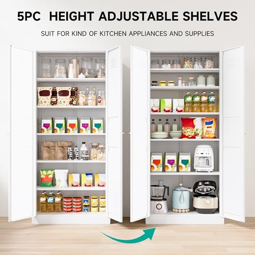 Pantry Cabinet,White Pantry Storage Cabinet,Metal Storage Cabinet with Doors and Shelves,Ventilated Tall Cupboard,Pantries,71"H Food Pantry Cabinet for Kitchen,Home,Office,Dining Room,Living Room SISESOL