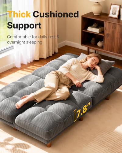 AMADA HOMEFURNISHING 65" Futon Sofa Bed, Convertible Futon Couch with Adjustable Backrest, Ergonomic Recliner Sleeper Sofa with Corduroy Fabric for Living Room, Office, Guest Room (Grey) AMADA HOMEFURNISHING