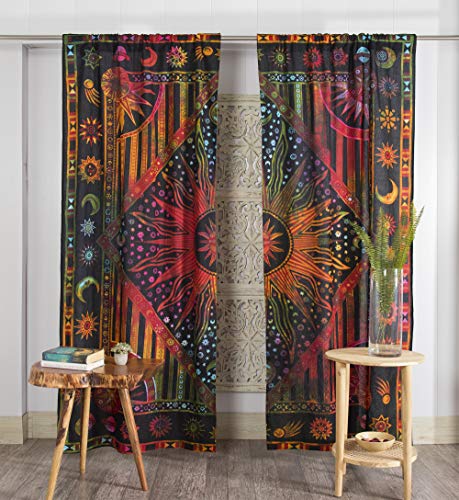 Popular Handicrafts Indian Burning Sun Moon Hippie Mandala Window Curtains for Doorways Closets - Gypsy Tye Dye Bohemian Beautiful Drapery Bedroom Livingroom Divider Balcony Valance Panels Golden Popular Handicrafts