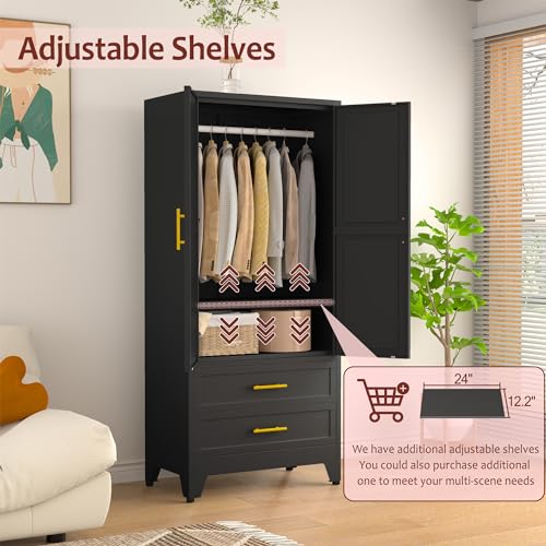 Metal Wardrobe Closet with 2 Doors & 2 Drawers, 71" Tall Armoire Wardrobe Closet with Hanging Rods and Adjustable Shelf, Steel Wardrobe Storage Cabinet for Bedroom-Black winiowa