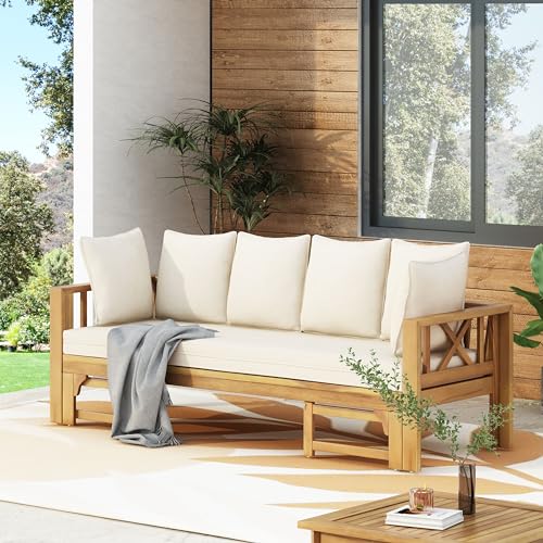 KEIKI 78.5" Outdoor Patio Sofa Bed Acacia Wood Frame Convertible Couch Daybed with Cushion & Pillow for Courtyard KEIKI