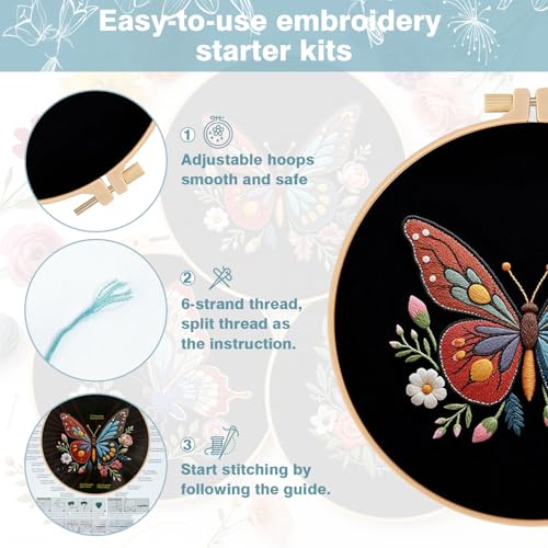 RidaaFri Embroidery Kit for Beginners, 3 Pk Stamped Butterfly DIY Craft Supplies with Hoop, Needles, Floss, Video, Complete Starter Kit for Learning Embroidery, Hobby Gift