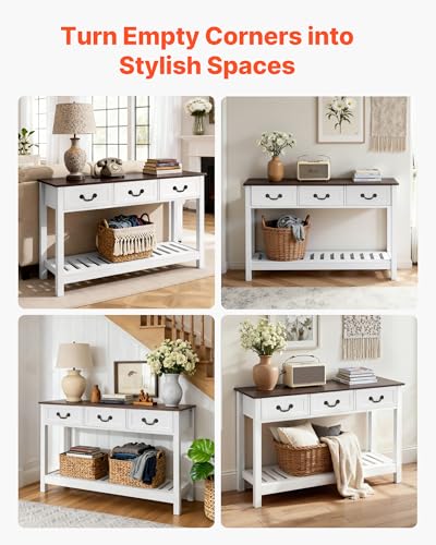 VEVOR 47 in Console Table, Farmhouse Desk Behind The Couch with Drawers and Bottom Storage Shelf, Wooden Rectangle Entrance Narrow Sofa Table for Hallway, Bedroom, Living Room, Foyer, Brown + White VEVOR