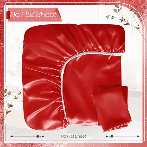 VACVELT 2-Piece Satin Fitted Sheet Set Twin Size, Red Bottom Bed Sheet with 1 Pillowcase, Similar to Silk Sheets, Luxury & Silky Bedding Set, 15 Inch Deep Pocket VACVELT