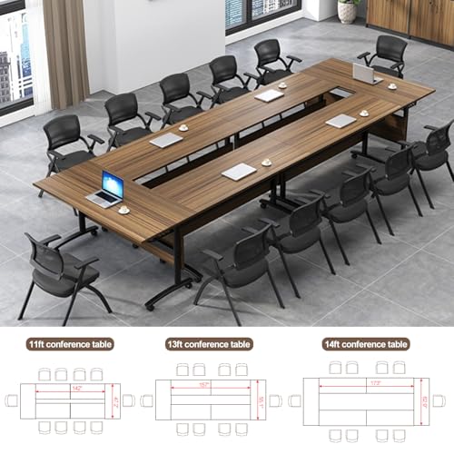 Conference Room Table, 14FT Large Folding Conference Table for 10-15 People, Training Tables with Caster Wheels, Business Style Wooden Meeting Table with Strong Metal Frame, Flip Top Table (6 PCS) bbyekctc
