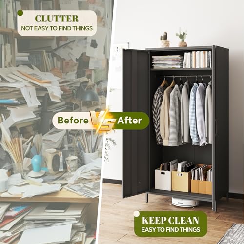 Steehoom Armoire Wardrobe Closet, Metal Storage Clothes Cabinets Locker with Doors Tall Freestanding Armoire Wardrobes for Bedroom Hanging Clothes, Heavy Duty, Black Steehoom
