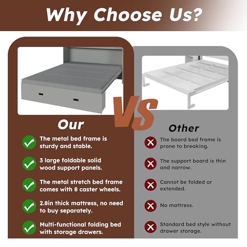 Bellemave Full Murphy Bed with Mattresses and Charging Stations and Storage Drawer, Farmhouse Murphy Cabinet Bed with Foldable Panel, Noisy Free, for Guest Bedroom, Living Room, Gray Bellemave