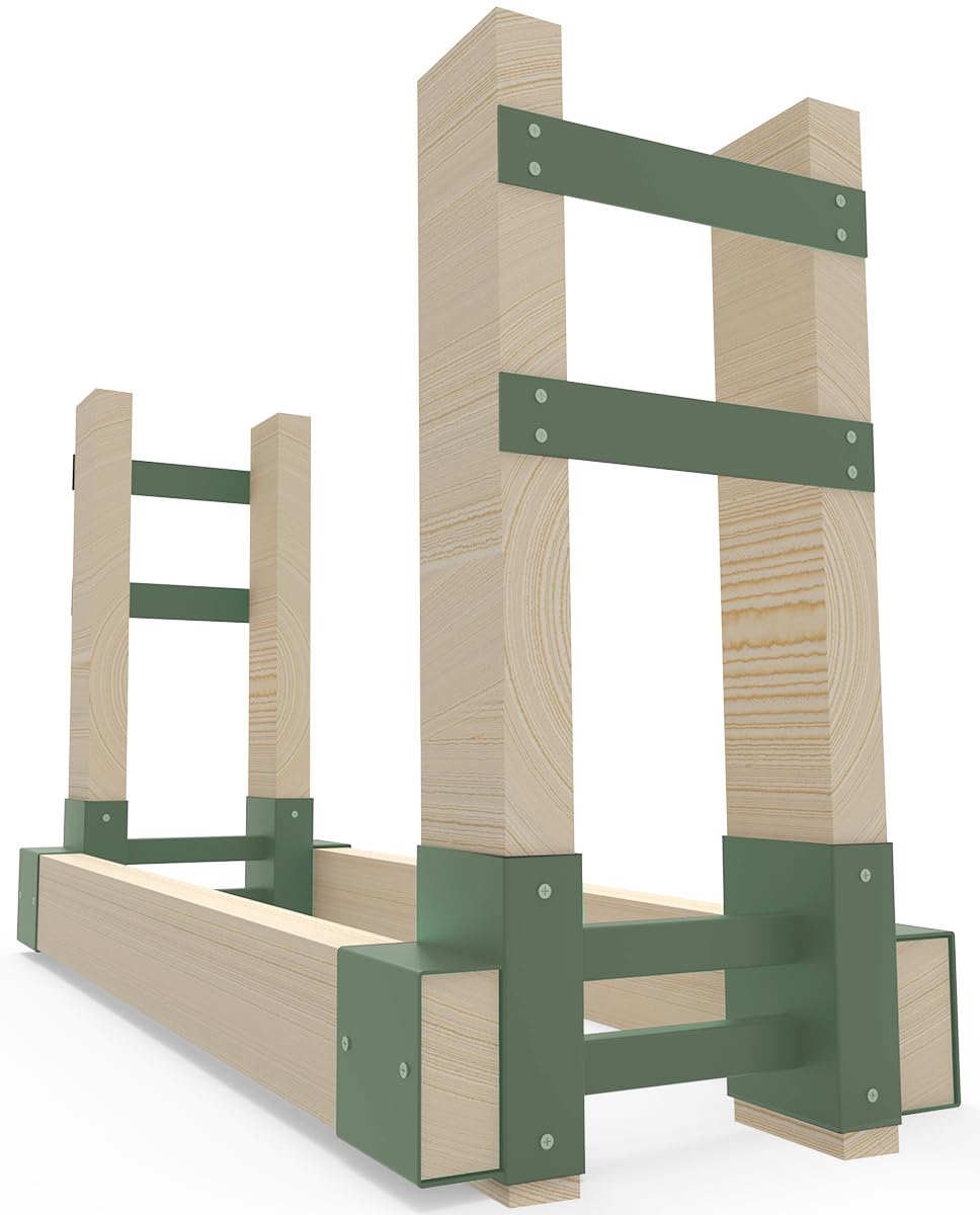 Fiwithy Outdoor Firewood Rack Bracket Kit with 4 Support Bars for Fire Wood Pile Storage, Heavy Duty DIY Fireplace Log Stacking Stand Holder for 2x4 Lumber, Green, 1 Pair Fiwithy