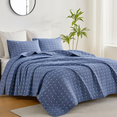 ENJOHOS Blue 100% Cotton Linen Twin Quilt Set, Twin Bedspread Coverlet, Twin Size Quilt Bedding Set, Reversible Lightweight Bed Quilt with Shams for Girl Boy Kid (2 Pieces, 68"x86")