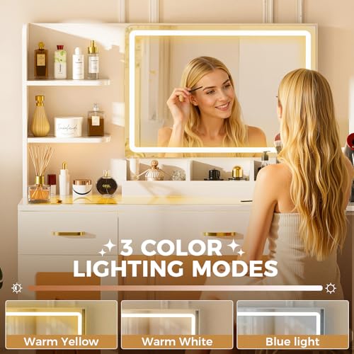 COMHOMA Vanity Desk with Mirror and Lights, Makeup Vanity with 3-Color LED, Transparent Top and RGB Drawers, White Desk with Open Shelves and Glass Cabinet, Built-in Power Outlet & Foldable Tabletop COMHOMA