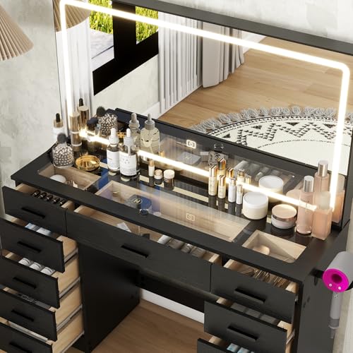 Vanity Desk with 11 Drawers,Glass Top Makeup Table with Mirror and LED Lights Vanity Table with Stool 3 Lighting Modes Brightness Adjustable Dressing Table with Power Outlet&Hair Dryer Holder (Black) Panana