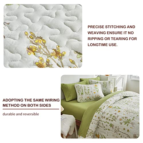 Joyreap 3 Pieces Reversible Quilt Set, Smooth Soft Microfiber Quilt, Yellow Flowers Green Leaves Botanical Design, Bedspread Bed Cover for All Season, 1 Quilt n 2 Pillow Shams (Full/Queen, 90x90) Joyreap