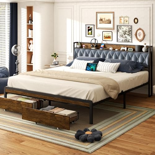 Sismplly King Size Metal Platform Bed Frame with 2 Storage Drawers & LED Light, Upholstered Headboard with Charging Station, No Box Spring Needed, Brown Wood Panel Sismplly