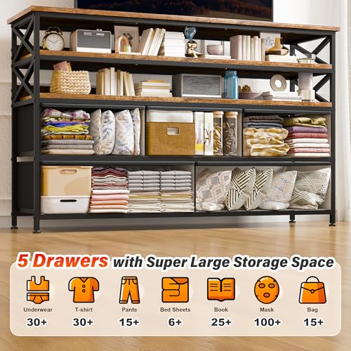 EnHomee Dresser TV Stand Entertainment Center with Fabric Drawers Media Console Table with Wood Open Shelves for 55" TV Storage Drawer Dresser for Bedroom, Living Room, Entryway, Rustic Brown EnHomee