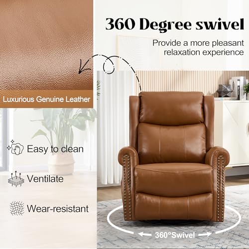 Genuine Leather Recliner Chair for Adults, Manual Swivel Rocker Glider Rocking Chair with Vibration Massage Lumbar Heat for Nursery, Rivet Design Single Sofa Chair for Living Room - Brown