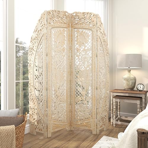 Deco 79 Wood Floral Handmade Foldable Arched Partition 4 Panel Privacy Screen with Intricately Carved Designs, Room Divider 60" x 2" x 72", White Deco 79