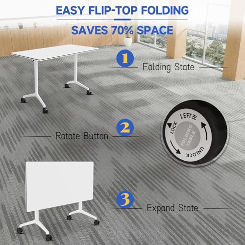 2pcs 47.2 Inch Folding Conference Table with Silent Wheels,Mobile foldable Flip Top Rectangular Meeting Tables for Office Training classroom,Locking Rolling Modular White Desk for Space Saving JFazzruit