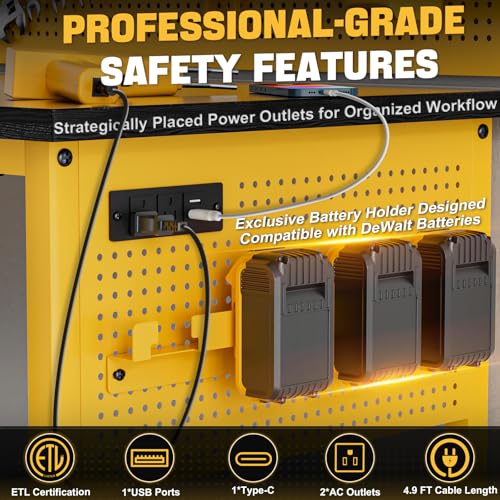 Work Bench, Ferreteriai 47" Heavy Duty Workbench with Power Outlet & USB-C, Exclusive Yellow Side Battery Holder, Adjustable Height, 2100LB Capacity, Locking Wheels for Garage Workshop Ferreteriai