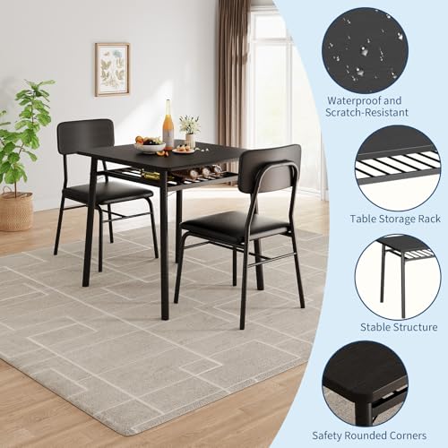 IDEALHOUSE 3-Piece Dining Table Set for 2 with Storage Rack, Wood Kitchen Table with Upholstered Chairs Set of 2, Small Square Table Set with Metal Legs Support, for Dining Room, Living Room, Black IDEALHOUSE