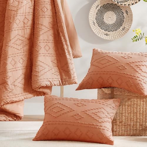 Comfort Spaces Comforter for Queen Size Bed, Geometric Diamond Tufted Boho Comforter Set Queen, All Season Lightweight Bedding Set, Matching Sham, Full/Queen Terracotta 3 Piece Comfort Spaces
