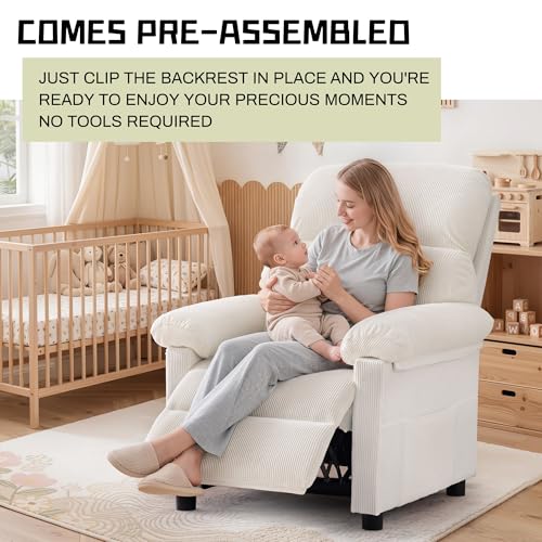 Korser Recliner Chair, Living Room Recliner Chairs for Adults, Small Recliners for Small Spaces, Upholstered Manual Reading Chair with Side Pockets, Nursery Chair for Living Room, Corduroy, Beige