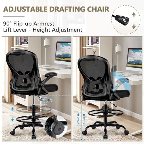 Winrise Drafting Chair, Tall Office Chair Ergonomic Standing Desk Chair, Lumbar Support Computer Chair Swivel Task Rolling Chair with Adjustable Flip-up Armrests & Foot Ring (Black) Winrise