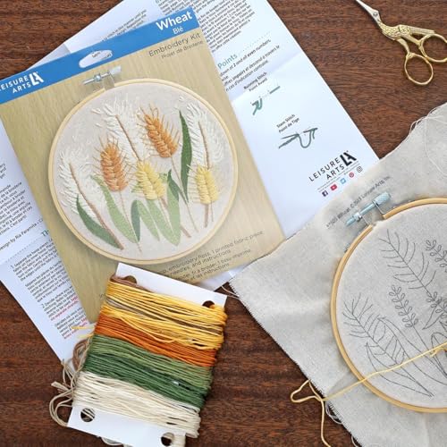 LEISURE ARTS Embroidery Kit 6 Inch Wheat - Beginner Hand Stitching Kit with Hoop, Needle, Thread, Printed Fabric, and Instructions for Adults and DIY Crafters