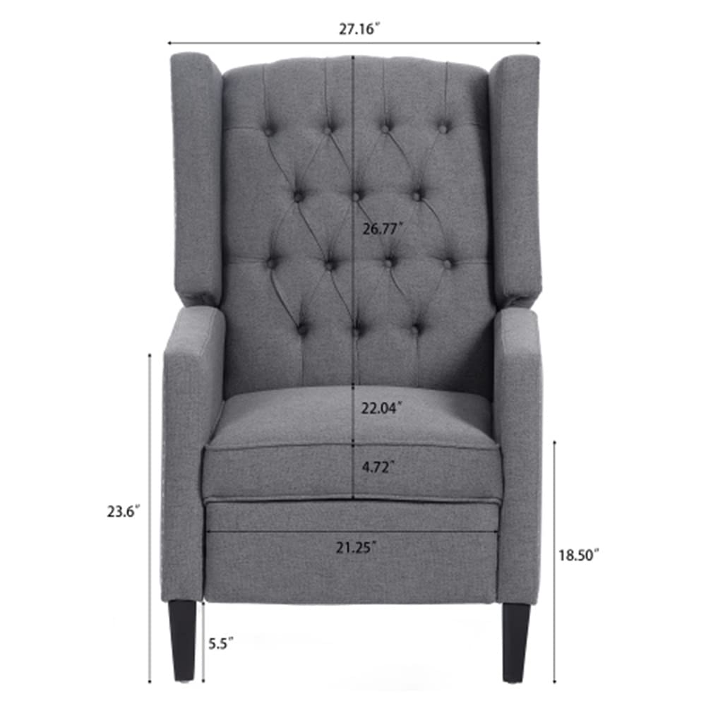 Arm Pushing Recliner Chair, Modern Button Tufted Wingback Manual Push Back Recliner Chair with Nailhead Trim & Wood Legs, Upholstered Living Room Chair Single Reclining Sofa Home Theater Seating Grey LLS