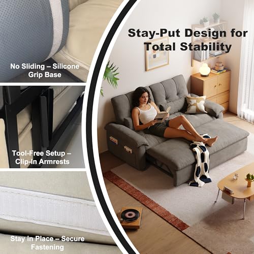 Vakdle Loveseat Convertible Sofa Bed, Pull-Out futon Couch,3 in 1 Sleeper Bed with Reclining Backrest and Storage for Bedroom Living Room Apartment (Grey, 47.24") Vakdle