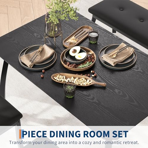 IDEALHOUSE 43'' Dining Table Set for 4, Wooden Kitchen Table with Upholstered Bench & 2 Cushion Chairs, Industrial Dinette Set for Studio, Kitchen, Dining Room, Apartment, Black IDEALHOUSE
