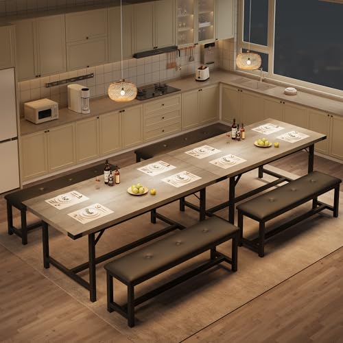 Garvee 63 in Extendable Dining Table Set for 4-6 People, 3-Piece Kitchen Table Set with 2 Upholstered Benches, Farmhouse Dining Room Table Set for Kitchen, Living Room, Apartment, Gray Garvee
