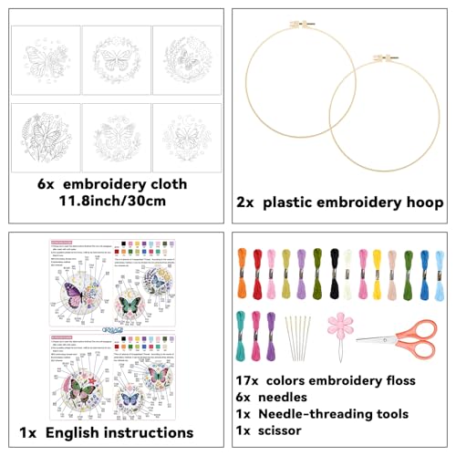 ORIGACH 6 Pack Butterfly & Flower Wreath Embroidery Kits for Beginners, DIY Starter Hand Embroidery Kit with Floral and Butterfly Patterns and Instructions for Adults Women Crafting