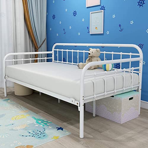 HOMERECOMMEND Multi-Purpose Metal Daybed Frame Heavy Duty Metal Slats Sofa Bed Platform Mattress Foundation Economic Day Bed White Color Twin Size. HOMERECOMMEND