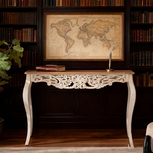 JIJIWANG 43.31" Distressed Console Table with Carved Details,Weathered Wash Vintage French Country Entry Table with Wood Carvings and Curved Legs for Hallway Living Room,Natural Wood JIJIWANG