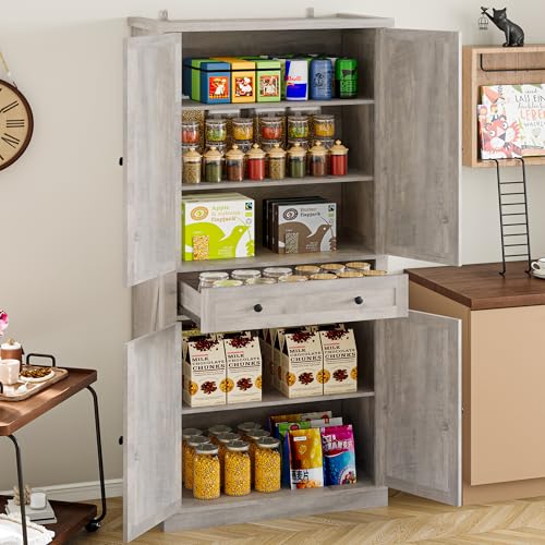 BORNOON Pantry Organizers and Storage Cabinet, 70” Barn Door White Kitchen Cabinet with Drawers and Adjustable Shelf, Tall Pantry for Kitchen, Dining Room, Living Room Bedroom BORNOON