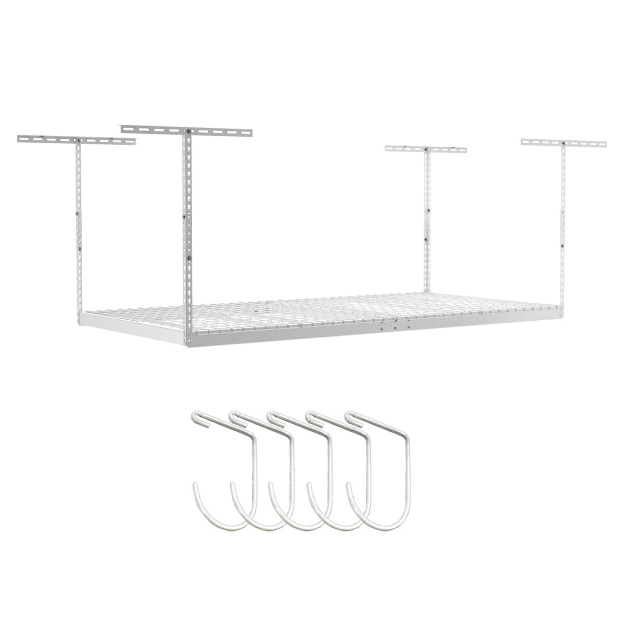 SafeRacks 4 ft x 8 ft Overhead Storage Rack Adjustable 24 in - 45in Height (White) With Accessory Pack With 5-Piece Hook Accessory Pack SafeRacks