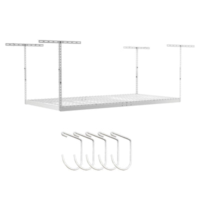 SafeRacks 4 ft x 8 ft Overhead Storage Rack Adjustable 24 in - 45in Height (White) With Accessory Pack With 5-Piece Hook Accessory Pack