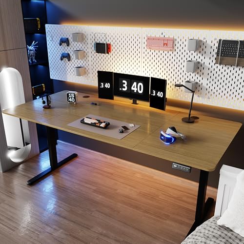 Shintenchi Standing Desk, 71x31 Inch Height Adjustable Electric Sit Stand up Desk, Ergonomic Rising Computer Table, Modern Lift Gaming Desk Workstation for Home Office, Walnut and Black Shintenchi