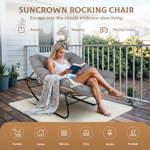 SUNCROWN Oversized Wicker Rocking Chair Indoor Outdoor, 450 LBS Heavy Duty Patio Papasan Egg Chair with Cushion, E-Coated Frame Lounge Rocker for Balcony Porch Garden Living Room, Light Grey