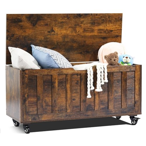 Storage Chest, 39.4'' Wooden Storage Bench with 4 Wheels & 2 Safety Hinges, Retro Box Support 300 lbs for Bedroom, Living Room, Easy Assembly, Rustic Brown HYZ