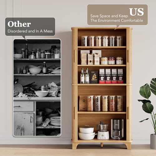 Decofy 69" Tall Kitchen Pantry Storage Cabinet with Sliding Door, Modern Curved Edge Pantry Storage Cabinet with 5 Shelves, Cupboard for The Kitchen, Dining Room, Bedroom, Living Room, Office (Oak) Decofy