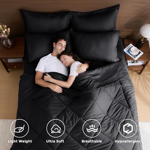 HEVUMYI Black Queen Comforter Set - 7-Piece All Season Bed in a Bag Queen, Ultra Soft Bedding Set with Comforter, Flat Sheet, Fitted Sheet, Pillowcases, Pillow Shams, Black HEVUMYI
