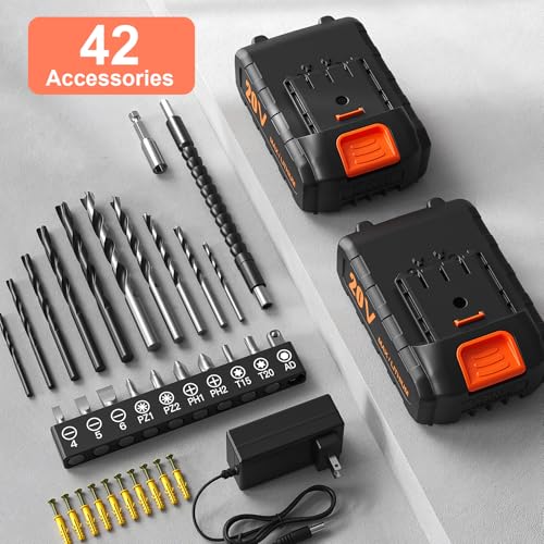 Cordless Drill, 20V Power Drill, Double 2000mAh Batteries Electric Drill, Cordless Drill with Battery and Charger, 3/8" Keyless Chuck Battery Drill with 25+1 Max 370 In-lb Torque, 42Pcs Drill Bits VIWKO