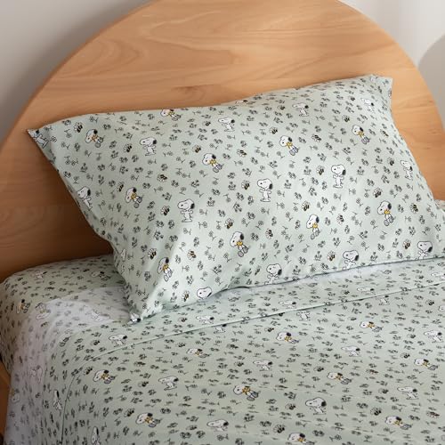 Berkshire Blanket Peanuts® Kids Sheet Set Twin Size - 3 Pieces,Cute Character Snoopy Printed Soft Microfiber Bed Sheets,Mini Snoopy & Woodstock New Flower and Bees Sage Berkshire Blanket
