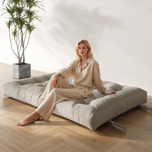 Furnify 6" Futon Mattress Queen Size, Futons Sofa Couch Bed with Straps, Thick Corduroy Fabric Floor Mattress for Adults, Foldable Mattress with Shredded Foam Filling (Frame Not Included), Beige Furnify
