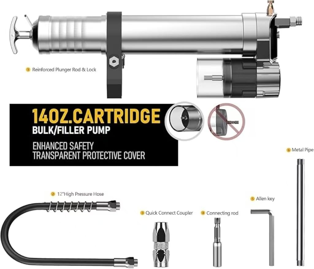 ATIVERE Electric Grease Gun Drill Adapter with 14 OZ Load, Locking Grease Gun Coupler, 12 Inch High Pressure Hose, Extension Rigid Pipe, Pneumatic Tool, Universal Conversion Gun Head ATIVERE