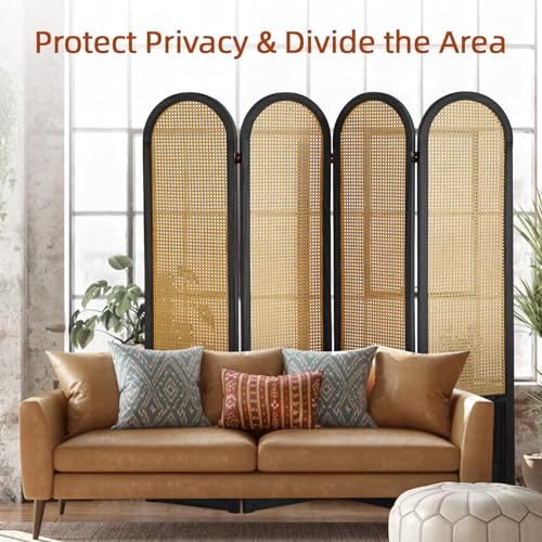 ALeesing 4 Panel Room Dividers and Folding Privacy Screens, Hand-Made Rattan Room Divider with Bi-Directional Hinge, Pre-Assembled Wood Room Divider Wall for Home Office Bedroom, Black ALeesing
