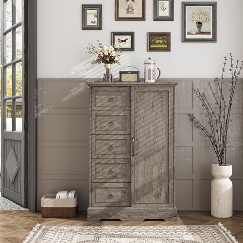Vabches Farmhouse Dresser Storage Cabinet Chest of Drawer for Bedroom, 5 Drawer Dresser with Sliding Barn Door, 48" Tall Wood Rustic Dresser for Bedroom, Living Room, Entryway, Hallway, Washed Grey Vabches