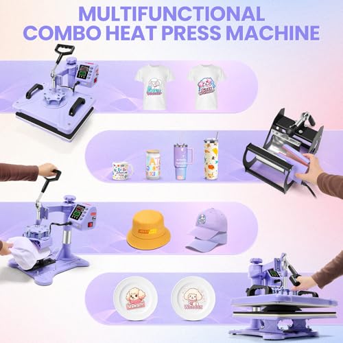 WHUBEFY Heat Press,8 in 1 Tshirt Printing Machine 15"x12" Digital Industrial Heat Transfer Machine,Sublimation Heat Press Machine for T Shirts/Mug/Cap/Plate/DIY (8 in 1 Heat Press(Purple)) Whubefy