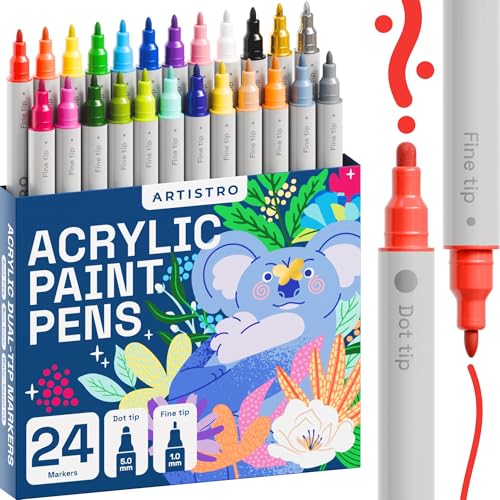 ARTISTRO 24 Acrylic Paint Pens, Acrylic Paint Markers, Fabric Markers for Textile, Canvas, Rock, Glass, Wood, Paper, Pumpkin, DIY, Paint Markers for Kids and Adults (Dual Tip Dot + Fine) ARTISTRO